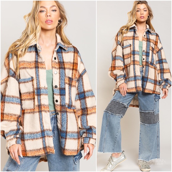 POL Beige Plaid Shirt Jacket Shacket - Picture 4 of 12